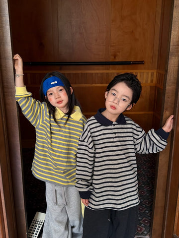 キッズ ボーダー ポロカラー ルーズ 長袖ポロシャツ【mh0013914】 KUMAI.KIDS 長袖シャツ・ブラウス
