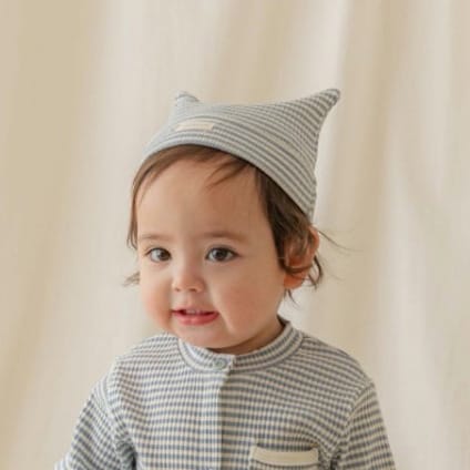 ベビー ボーダー ポケット ボタン 長袖 カバーオール 耳付き帽子【mh0013963】 Blue Gray Hat / One Size BBAMMA 長袖ロンパース