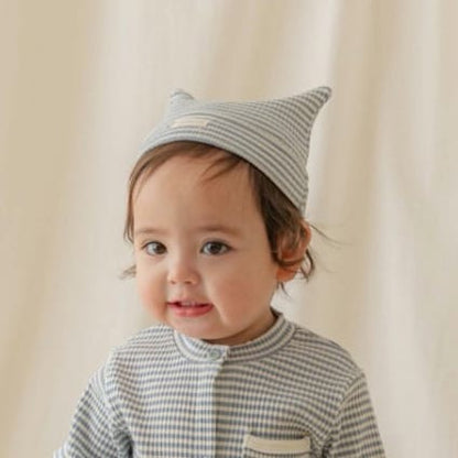 ベビー ボーダー ポケット ボタン 長袖 カバーオール 耳付き帽子【mh0013963】 Blue Gray Hat / One Size BBAMMA 長袖ロンパース