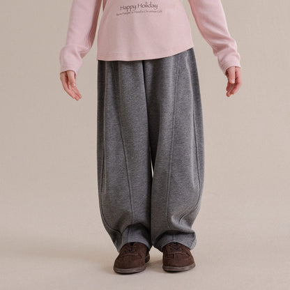 キッズ用グレーのルーズワイドスウェットパンツ、裾リブ付きゆったりシルエット