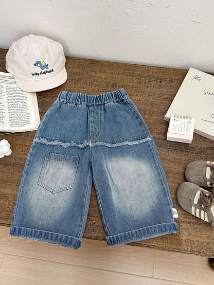 ベビー用ルーズワイドデニムパンツ、洗い加工のブルー、ウエストゴム＆裾フリンジ
