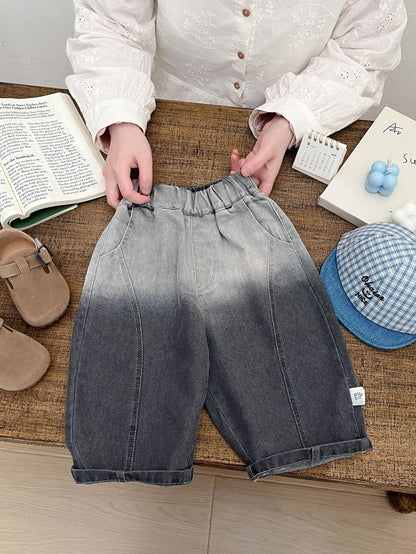 ベビー用グラデーションのゆったりワイドデニムパンツ、グレー系のくしゅっとウエスト