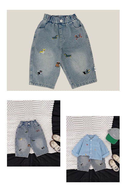 ベビー用刺繍デニムパンツ、ポケット風切替と動物刺繍の総柄