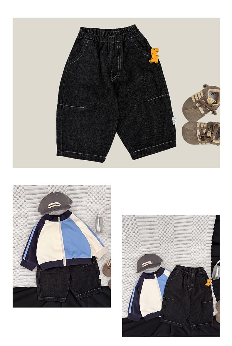 黒のデニムハーフパンツ、ゴムウエストとフロントステッチ、サイドポケット風、くまワッペン