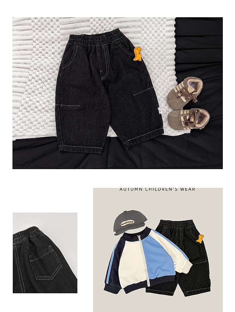 黒のデニムワイドパンツ（ハーフ丈）フロントライン入り、ゴムウエスト、背面くまワッペン