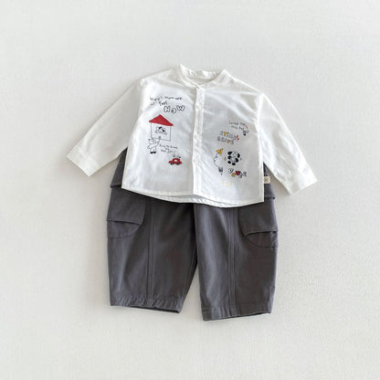 キッズ用 白い長袖シャツ＆グレー系カーゴパンツセット
