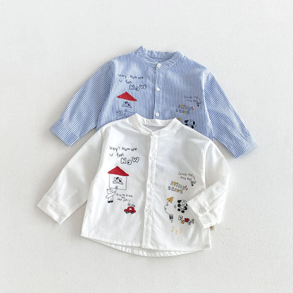 キッズ用 プリント長袖シャツ2枚（青ストライプ、白）