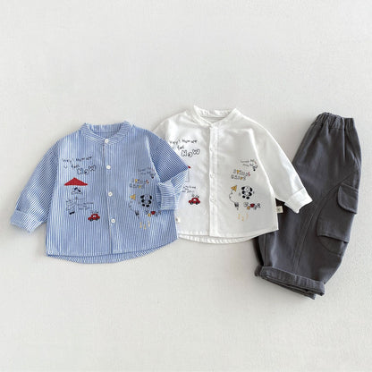 キッズ用 ストライプシャツ＆カーゴパンツ（青、白、グレー系）3点セット
