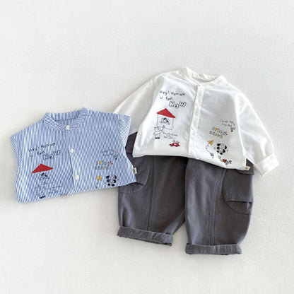 キッズ用 ストライプ長袖シャツ＆カーゴパンツセット（青×白トップス、黒寄りグレー）