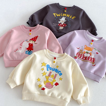 キッズ長袖トレーナー4色（ダーク/ピンク/ラベンダー/クリーム）、キャラクタープリント