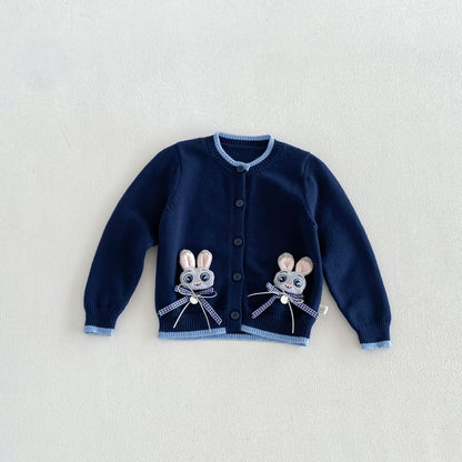 キッズ用 ネイビー長袖カーディガン、キャラクターモチーフ刺しゅう