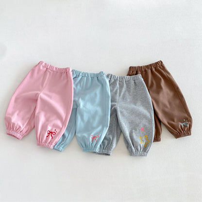 キッズ用ロングパンツ4色セット（ピンク/ブルー/グレー/ブラウン）リボン付き