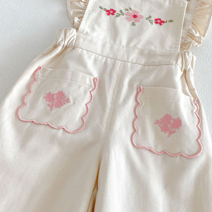 キッズ用サロペット 前面ポケット クラウド型 花刺繍