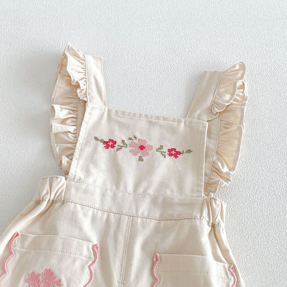 キッズ用サロペットパンツ クリーム色 フリル肩ひも 花刺繍