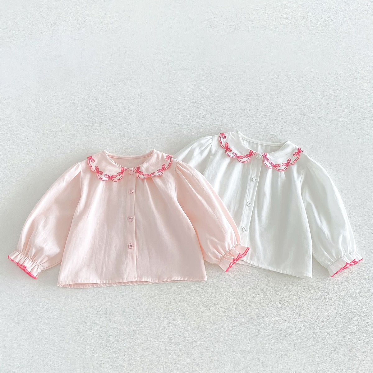 キッズ用フリルカラーブラウス2枚セット（ピンク、クリーム系）