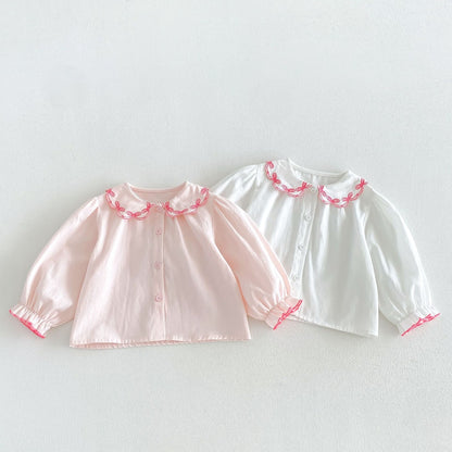 キッズ用フリルカラーブラウス2枚セット（ピンク、クリーム系）