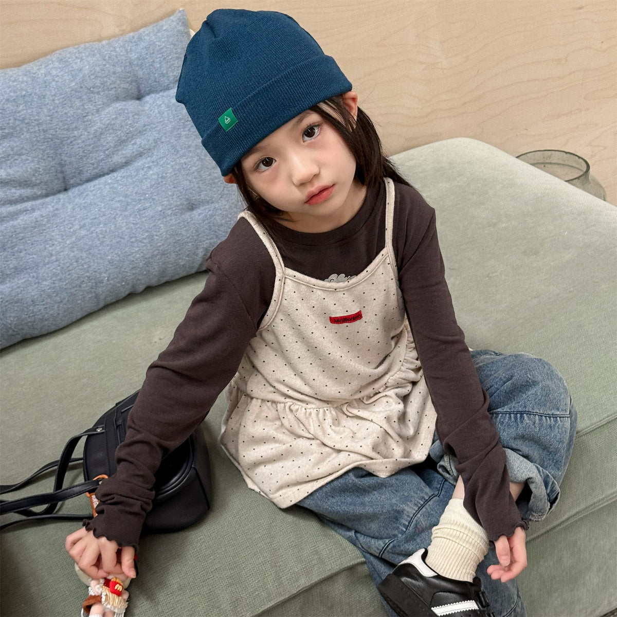キッズ用ドット柄ティアードキャミソールチュニック（生成り）胸元レース風フリル