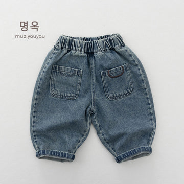 キッズ ウォッシュ加工 ルーズ ポケット付き デニムパンツ【mh0014170】 명옥 muziyouyou デニムパンツ