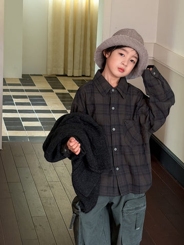 キッズ ジュニア チェック柄 ルーズ バックプリント 長袖 シャツ【mh0014374】 KUMAI.KIDS 長袖シャツ・ブラウス
