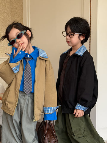 キッズ ジュニア チェック柄 重ね着風 レイヤード 襟付き ジップアップ 長袖 ジャケット【mh0014379】 KUMAI.KIDS ショートコート・ジャケット・ジャンパー