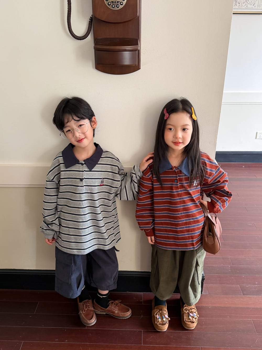キッズ ジュニア ボーダー ワンポイント刺繍 ルーズ 長袖ポロシャツ【mh0014387】 KUMAI.KIDS 長袖シャツ・ブラウス