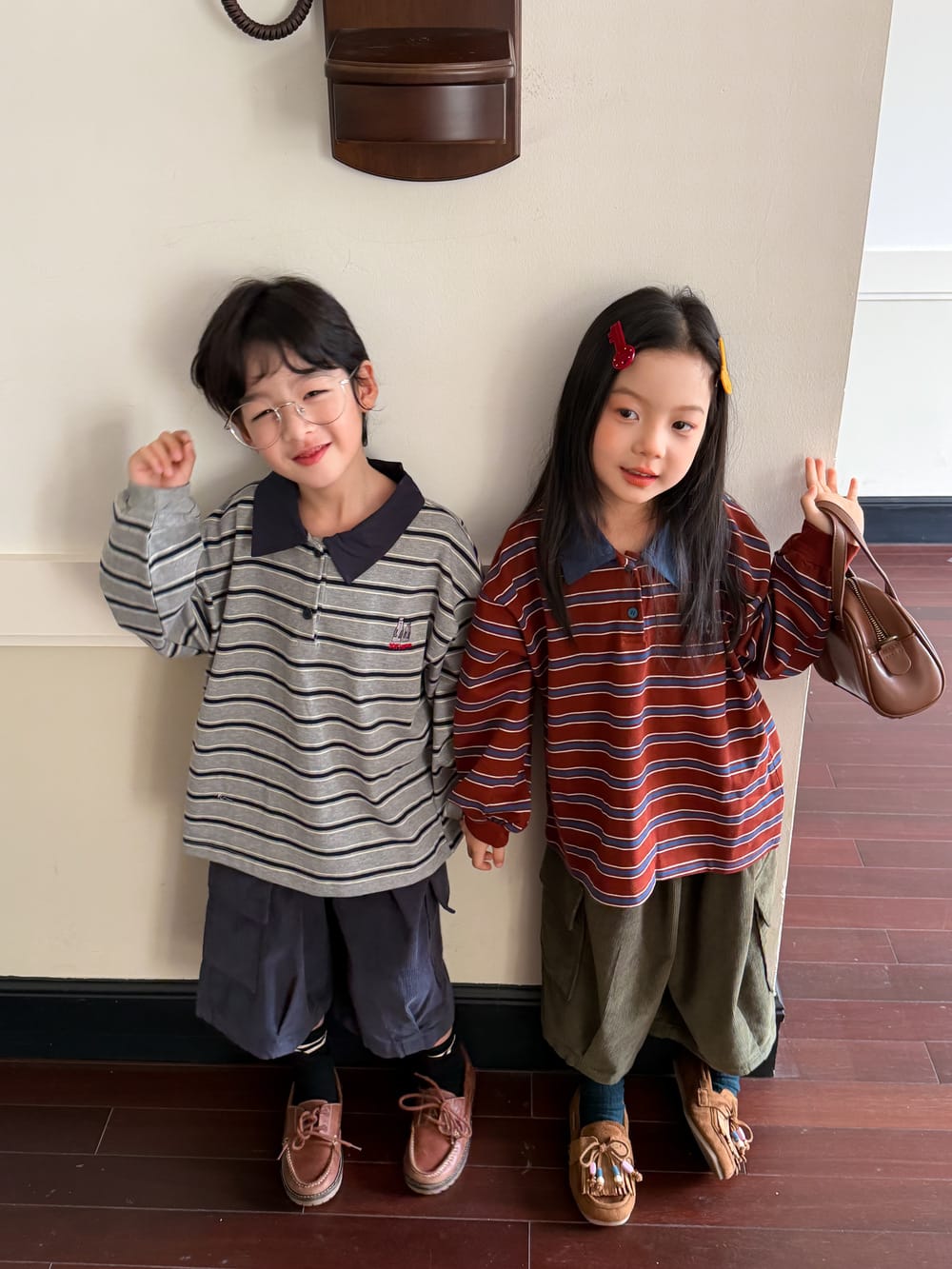 キッズ ジュニア ボーダー ワンポイント刺繍 ルーズ 長袖ポロシャツ【mh0014387】 KUMAI.KIDS 長袖シャツ・ブラウス