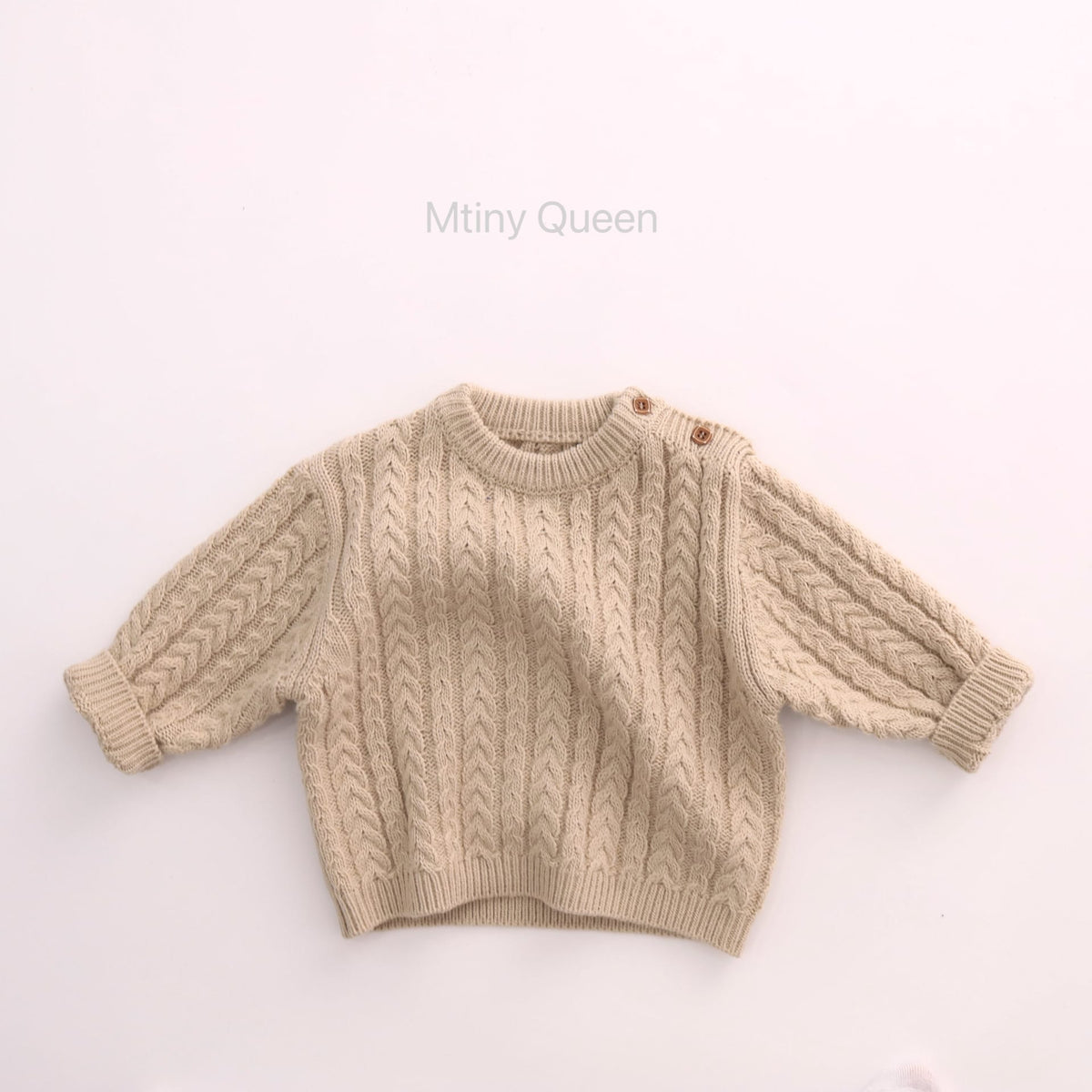 キッズ ケーブル編み 肩ボタン クルーネック プルオーバー ニットセーター【mh0014393】 Mtiny Queen ニット・セーター