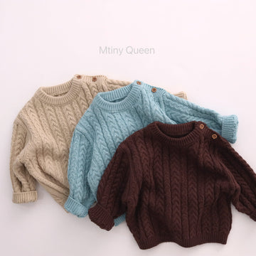 キッズ ケーブル編み 肩ボタン クルーネック プルオーバー ニットセーター【mh0014393】 Mtiny Queen ニット・セーター
