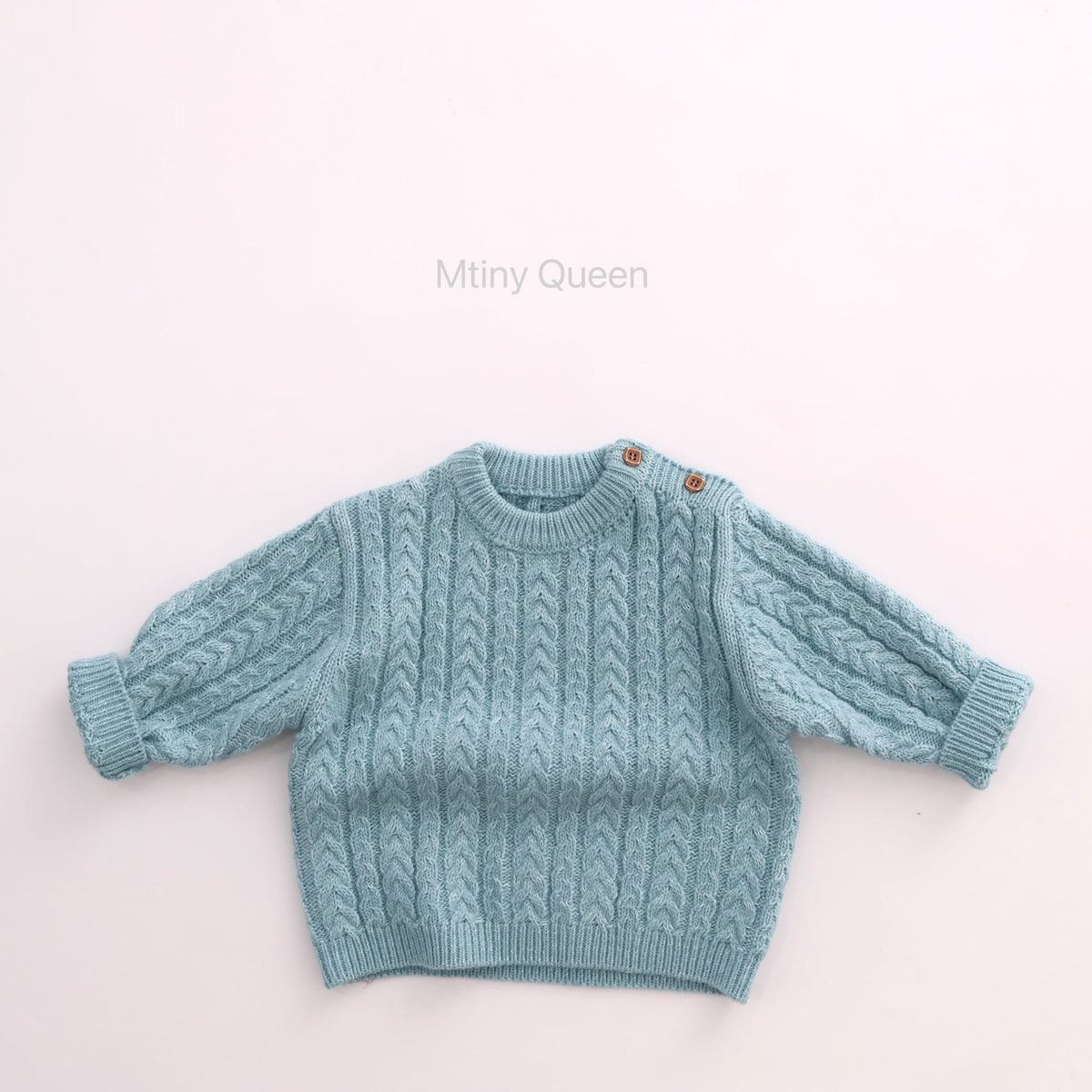 キッズ ケーブル編み 肩ボタン クルーネック プルオーバー ニットセーター【mh0014393】 Sky Blue / 80cm Mtiny Queen ニット・セーター