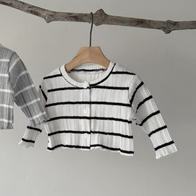 ベビー ボーダー リブ クルーネック 長袖カーディガン フレアロングパンツ【mh0014395】 Black-white Cardigan / 66cm BBAMMA 長袖セットアップ
