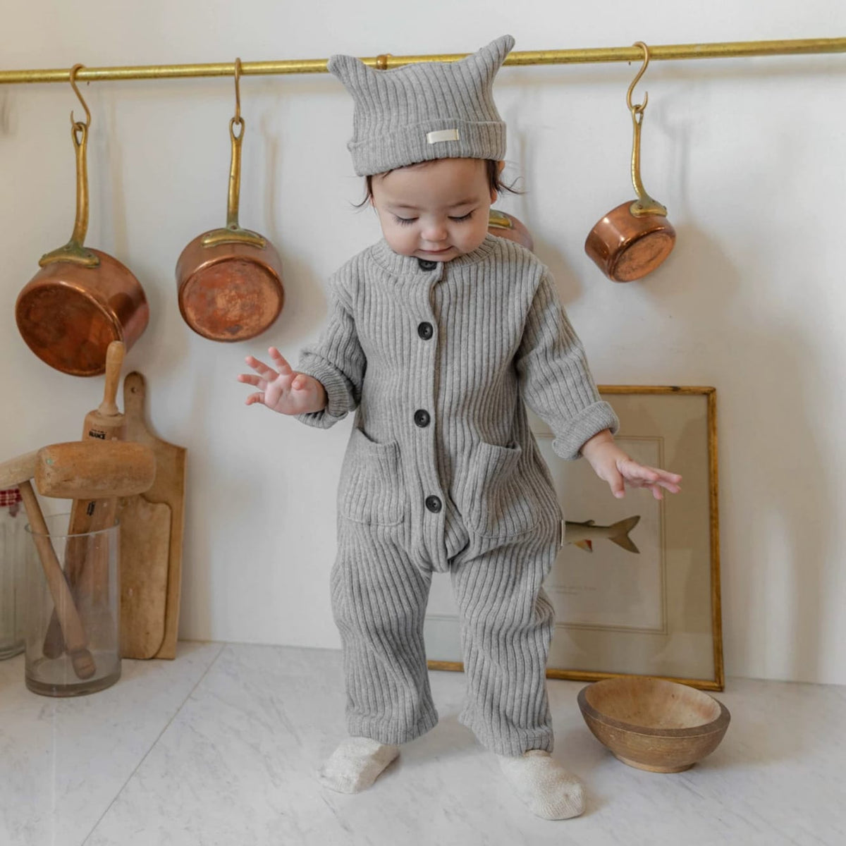 ベビー リブ ニット ニュアンスカラー 長袖 ロンパース 帽子【mh0014399】 BBAMMA 長袖ロンパース