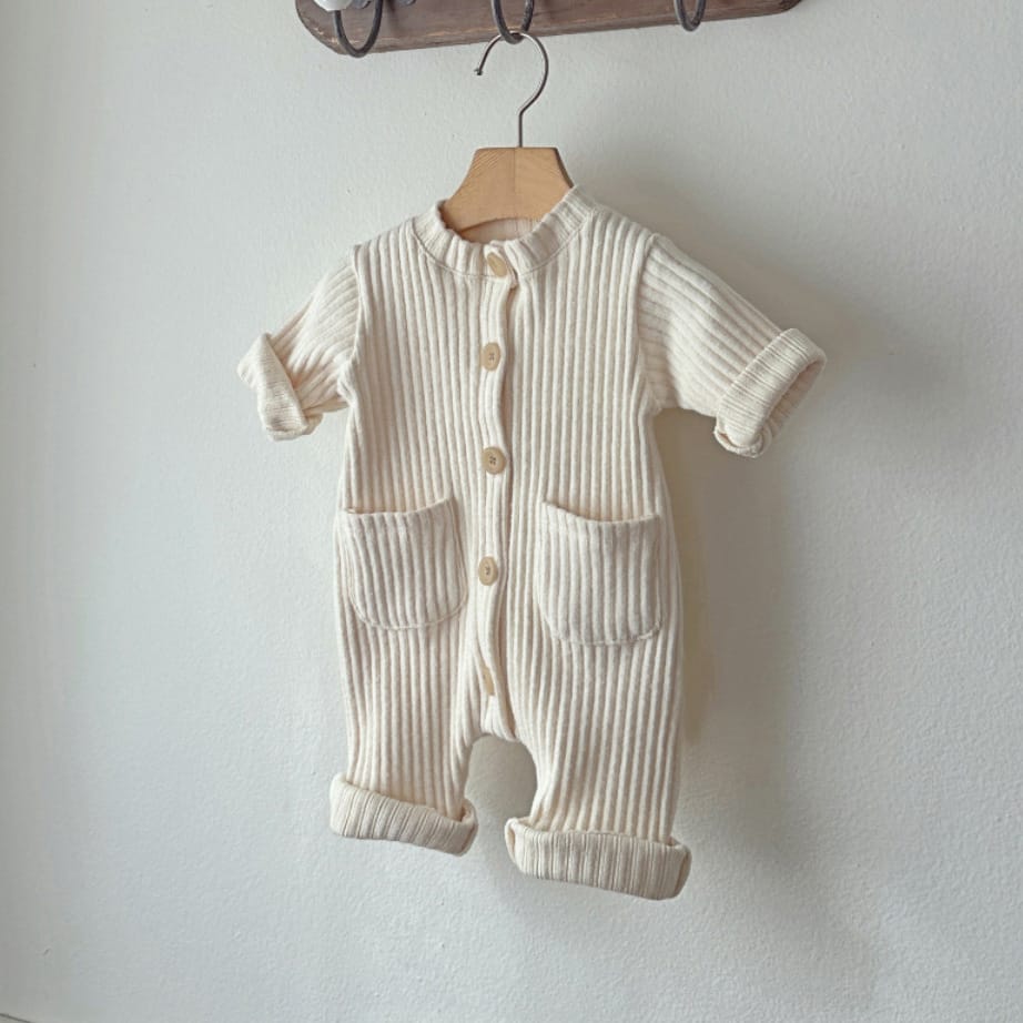 ベビー リブ ニット ニュアンスカラー 長袖 ロンパース 帽子【mh0014399】 Beige Apricot Jumpsuit / 66cm BBAMMA 長袖ロンパース