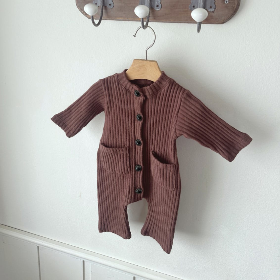 ベビー リブ ニット ニュアンスカラー 長袖 ロンパース 帽子【mh0014399】 Coffee Jumpsuit / 66cm BBAMMA 長袖ロンパース