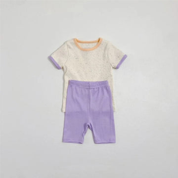 Mottle Speckled Short Sleeve Set ネップ 半袖Tシャツ ハーフパンツ セット【mh0013508】 Beige / 73cm BBAMMA 半袖セットアップ