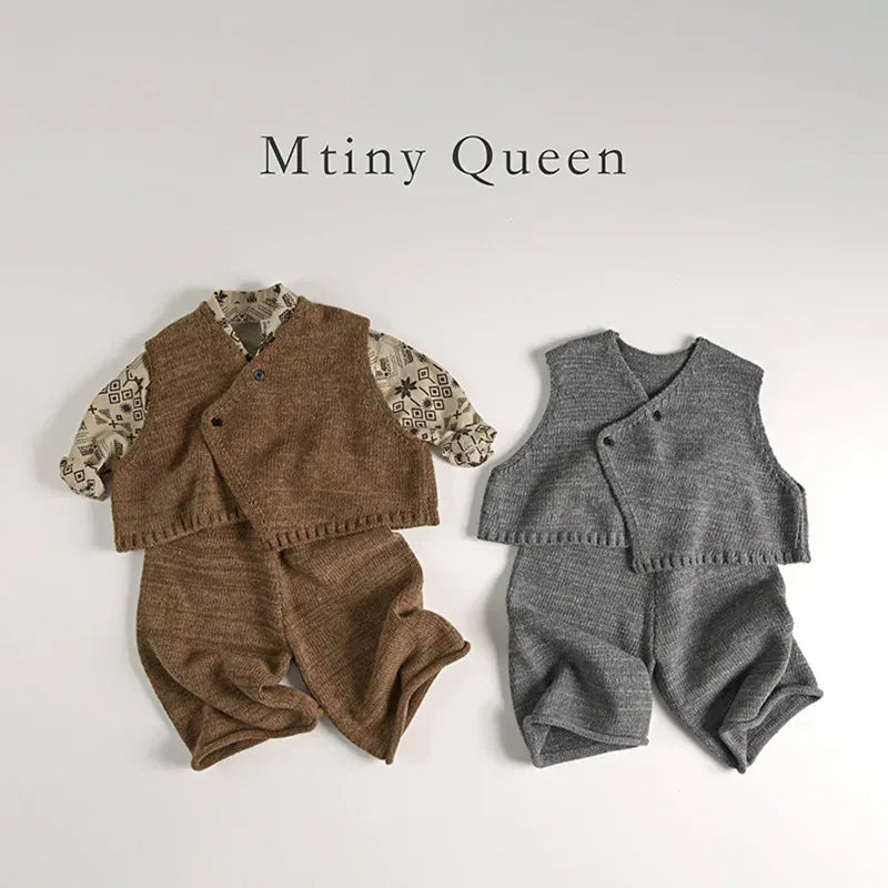 ノースリーブセットアップ キッズベスト/パンツ アシメボタンニットベスト/ニットワイドパンツ 2カラー【mh0007187】