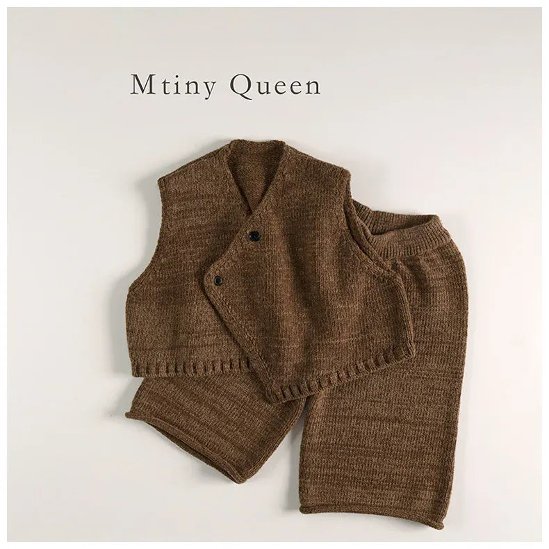 ノースリーブセットアップ キッズベスト/パンツ アシメボタンニットベスト/ニットワイドパンツ 2カラー【mh0007187】