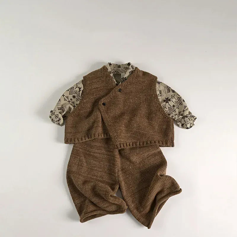 ノースリーブセットアップ キッズベスト/パンツ アシメボタンニットベスト/ニットワイドパンツ 2カラー【mh0007187】