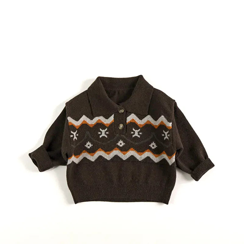 長袖シャツ・ブラウス Brown / 12M  80CM キッズトップス レトロノルディック柄ポロ襟ニットセーター【mh0008339】
