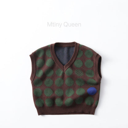 ベスト Brown / 80cm ジャガード編みニットベスト ポルカドット柄 Vネック【mh0011098】