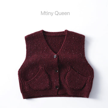 ベスト Dark Red / 80cm ざっくり編みニットベスト ツイード風 ポケット付き Vネック【mh0011097】