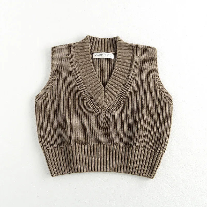 ベスト Khaki / 80cm キッズベスト シンプルVネックニットベスト【mh0008190】