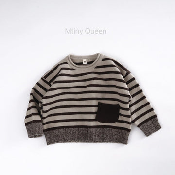 ニット・セーター Light Brown / 80cm ワイドシルエット ボーダー柄ニット 長袖トップス ポケット付き【mh0011096】