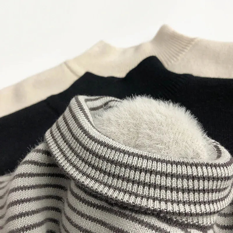 ニット・セーター キッズトップス 無地 ボーダー 裏フリースニットセーター ハイネック ボトルネックカットソー【mh0003577】