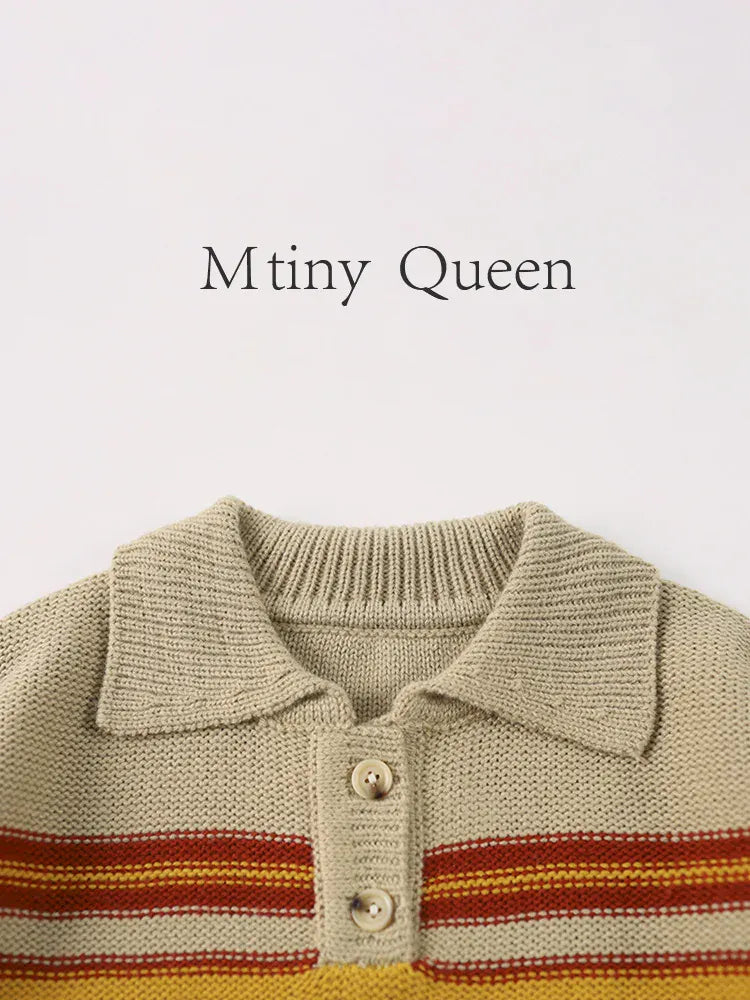 長袖シャツ・ブラウス キッズトップス レトロボーダーポロ襟ニットセーター【mh0008338】