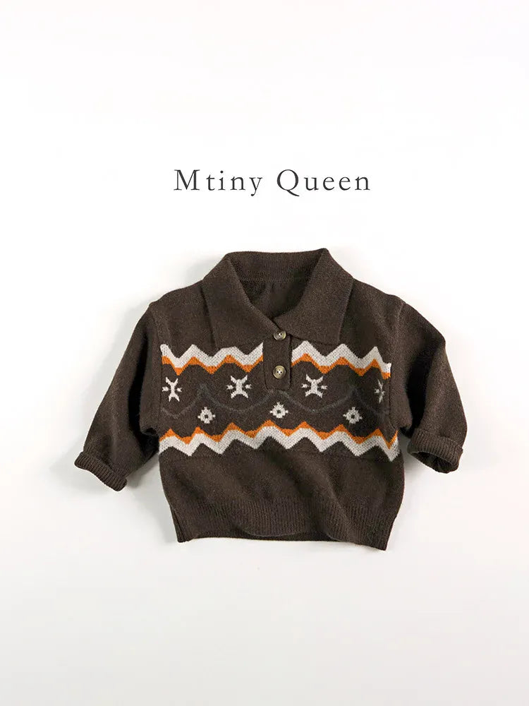長袖シャツ・ブラウス キッズトップス レトロノルディック柄ポロ襟ニットセーター【mh0008339】