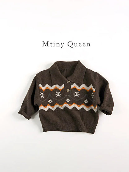 長袖シャツ・ブラウス キッズトップス レトロノルディック柄ポロ襟ニットセーター【mh0008339】