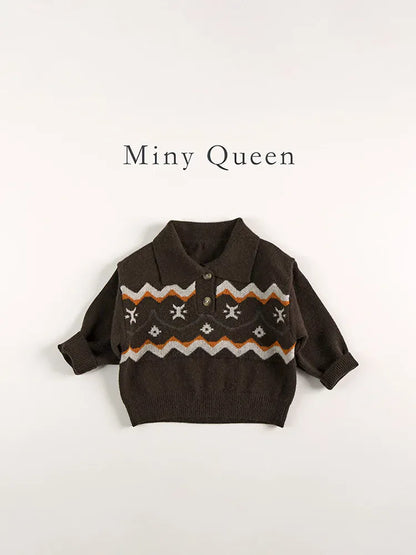 長袖シャツ・ブラウス キッズトップス レトロノルディック柄ポロ襟ニットセーター【mh0008339】