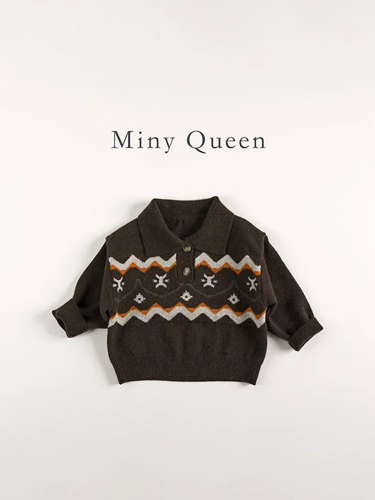 長袖シャツ・ブラウス キッズトップス レトロノルディック柄ポロ襟ニットセーター【mh0008339】