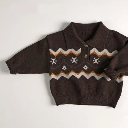 長袖シャツ・ブラウス キッズトップス レトロノルディック柄ポロ襟ニットセーター【mh0008339】