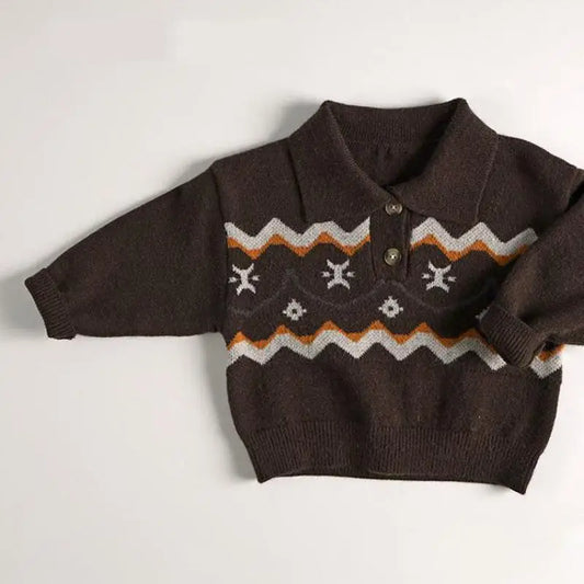 長袖シャツ・ブラウス キッズトップス レトロノルディック柄ポロ襟ニットセーター【mh0008339】